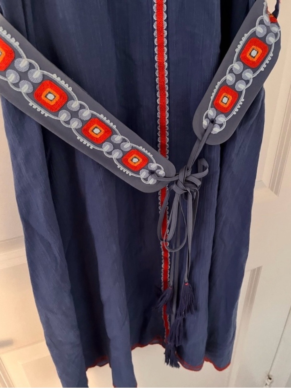 Tory Burch Cotton-Linen Blue Embroidered Tie Wait Dress - Picture 7 of 15
